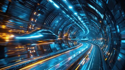 Poster - Futuristic tunnel with blue lighting and motion blur, depicting speed and innovation.