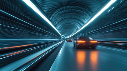 Poster - Cars traveling through a brightly lit tunnel with motion blur effect.