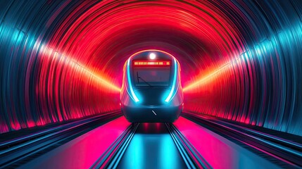 Poster - Futuristic train in a vibrant, illuminated tunnel with colorful lights.
