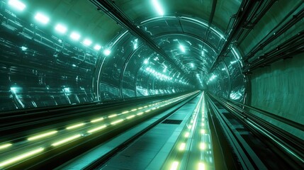 Poster - Futuristic tunnel with glowing lights, motion blur effect, smooth lines.