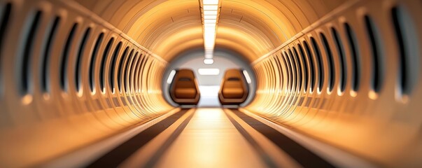 Poster - Modern transport corridor with futuristic seats and warm lighting.
