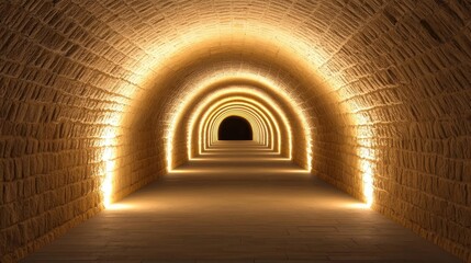 Poster - Illuminated tunnel with arches and warm lighting effects leading into darkness.