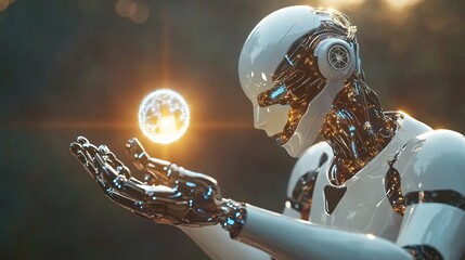 Poster - Futuristic robot holding glowing sphere of energy: artificial intelligence and innovation