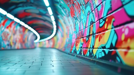Aufkleber - Vibrant graffiti tunnel with colorful street art and illuminated walls.
