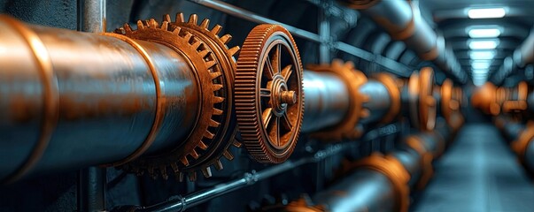 Poster - Industrial gears and pipes in a factory setting, showcasing machinery and technology.
