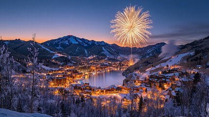 Poster - Spectacular firework display captured from a breathtaking mountaintop perspective providing ample copy space for motivational or event related content