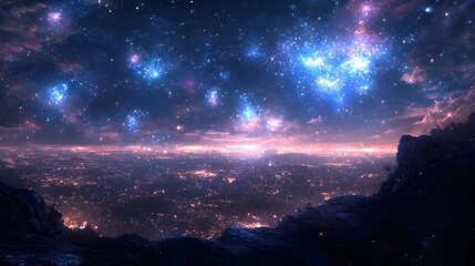 Poster - A breathtaking aerial view of a vibrant fireworks display captured from the vantage point of a majestic mountain overlook offering ample copy space for motivational content or event related imagery