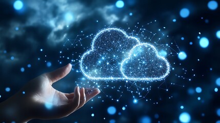 Poster - A hand gently cradles a luminous, interconnected cloud computing network.