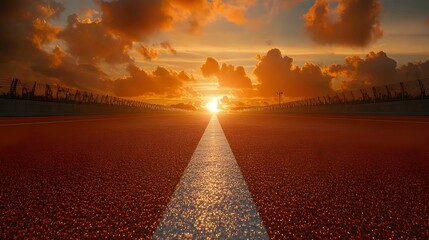 Poster - Conceptual image of an empty finish line at dawn symbolizing potential new beginnings and open opportunities for achieving