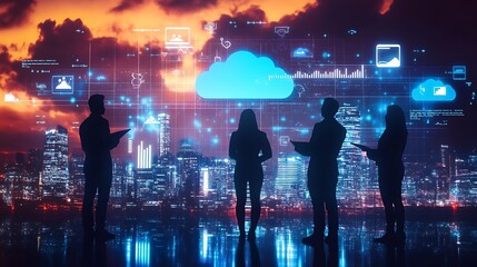 Poster - Silhouetted business team observing futuristic cloud computing data over a city skyline.
