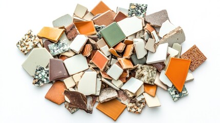 Poster - Colorful Collection of Ceramic Mosaic Tiles for Artistic Projects and Interior Design Inspiration, Displaying Various Textures, Shapes, and Patterns in Natural Light