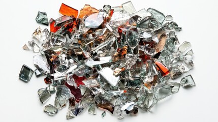 Poster - A Vibrant Mix of Shattered Glass Fragments in Various Colors and Shapes on a White Background, Ideal for Abstract and Textural Imagery in Design Projects