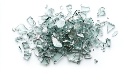 Poster - Shattered Pieces of Broken Glass on a White Background, Reflecting Light, Creating a Beautiful Abstract Texture and Design Element for Creative Projects and Visual Arts