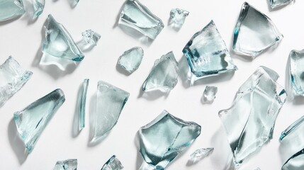Poster - Shattered Glass Fragments on White Background Creating an Abstract Visual Texture for Artistic, Design, or Conceptual Use in Digital Projects