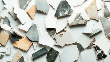 Poster - Close-up View of Colorful Ceramic Tile Fragments Displaying Various Textures and Patterns, Perfect for Artistic Backgrounds and Creative Projects