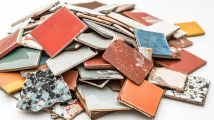Poster - Colorful Collection of Vintage Ceramic Tiles in Various Shapes and Patterns Piled Together for Artistic Display or Design Inspiration on a Light Background
