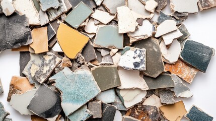 Poster - A Vibrant Collection of Broken Ceramic Tiles and Mosaic Pieces in Various Colors and Textures, Perfect for Artistic and Creative Projects