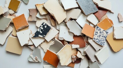 Poster - An Aesthetic Arrangement of Colorful Broken Ceramic Tile Pieces Displaying Various Textures and Hues Ideal for Artistic Background or Design Projects