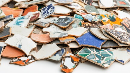 Poster - Colorful Mosaic Fragments of Broken Tiles Displaying Diverse Textures and Patterns on a Bright Background Ideal for Artistic and Creative Projects