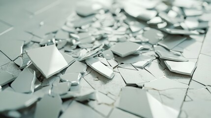 Poster - A Close-Up View of Shattered Glass Pieces Scattered Across a Floor, Highlighting the Fragile Nature of Broken Objects in an Urban Environment