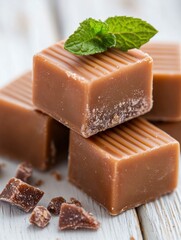 A stack of caramel squares with a green leaf on top