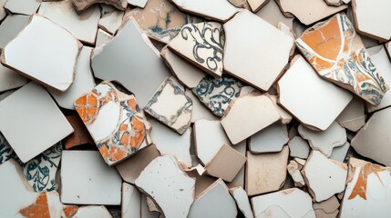 Poster - A Close-Up View of Colorful Broken Ceramic Tiles and Fragments Displaying Intricate Patterns and Textures for Artistic and Design Backgrounds