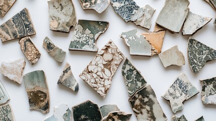 Poster - Various Mosaic Pieces Displaying Intricate Patterns and Textures on a White Background Ideal for Artistic or Decorative Projects