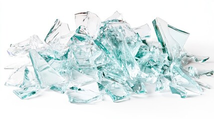 Poster - Broken Glass Fragments Piled Together on White Background, Capturing the Sharp Edges and Transparent Texture of Shattered Glass Pieces for Creative Uses