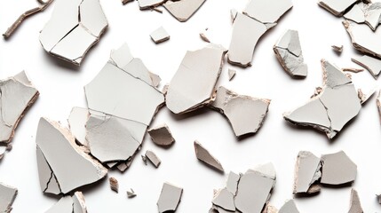 Poster - Shattered Ceramic Pieces on White Background, Displaying Unique Shapes and Textures, Perfect for Concepts of Breakage, Fragility, or Restoration in Creative Projects
