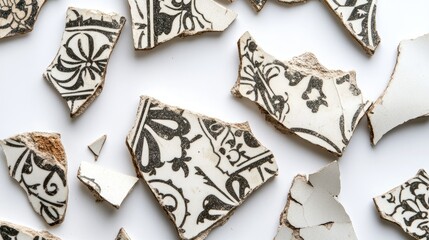 Poster - Fragmented Ceramic Tiles with Intricate Black and White Patterns on a White Surface for Artistic and Decorative Use in Design Projects