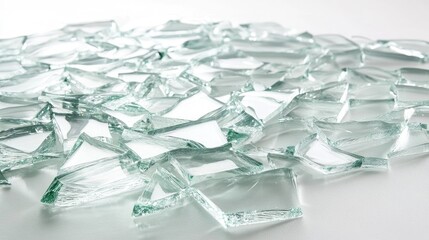 Poster - Shattered Glass Pieces Scattered on a White Surface, Reflections and Light Creating Intriguing Patterns and Textures in a Contemporary Setting