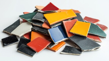 Poster - Colorful Ceramic Tiles on a White Surface, Mosaic Pieces in Various Shapes Displaying a Blend of Bright Tones for Art and Craft Projects, Building Materials, or Decorative Use