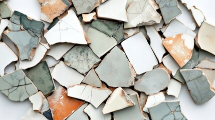 Poster - Beautiful Arrangement of Broken Ceramic Tiles in Various Shades and Textures Creating a Unique Mosaic Pattern on a Soft Background