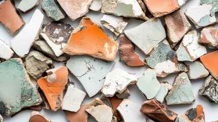 Poster - Colorful Mosaic of Broken Ceramic Pieces and Textured Fragments in Various Shades of Brown, Green, and Orange Perfect for Artistic and Design Projects