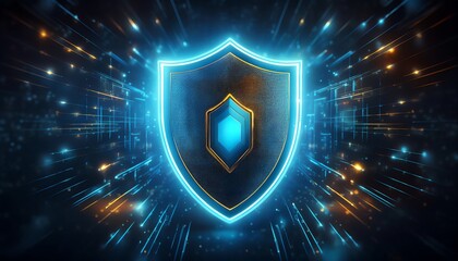 Poster - A glowing blue shield surrounded by dynamic light effects, symbolizing protection, security, and digital technology.