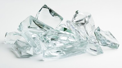 Poster - A Group of Multiform Glass Pieces Arranged Artfully on a White Surface, Showcasing Their Transparent and Reflective Qualities with Natural Light