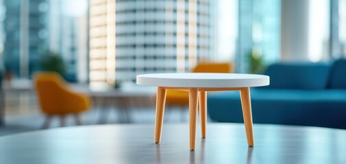 Poster - architecture model precision concept. A minimalist coffee table stands in focus, with an urban backdrop of modern buildings and stylish seating, creating a contemporary living space ambiance.