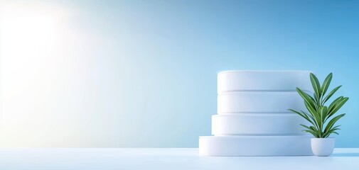 Poster - architecture model precision concept. A modern, minimalistic scene featuring stacked white boxes beside a potted plant, set against a bright blue background.