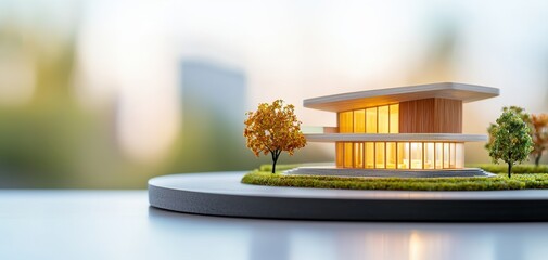 Poster - architecture model precision concept. A modern architectural model showcases a sleek, illuminated structure surrounded by small trees and greenery, highlighting contemporary design aesthetics.