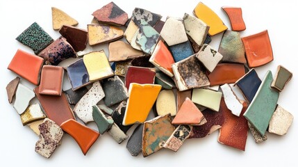 Poster - Colorful Mosaic Collection of Artistic Ceramic Fragments Showcasing Texture, Shape, and Hue Variations for Creative Projects and Design Inspiration