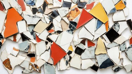 Poster - Colorful Mosaic of Broken Ceramic Pieces Displaying a Variety of Textures, Shapes, and Patterns Ideal for Artistic Projects and Design Backgrounds