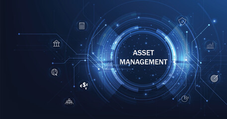Poster - Asset management concept. Business investment asset management technology concept on dark blue background.	