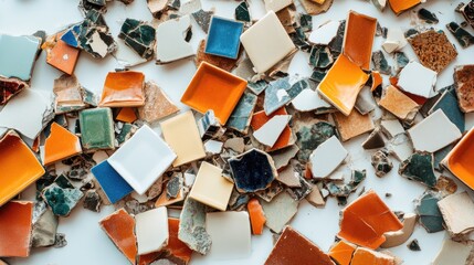 Poster - Colorful Broken Pieces of Ceramic Tiles Spread on Surface Showcasing Various Shapes and Textures of Mosaic Fragments Suitable for Creative Projects