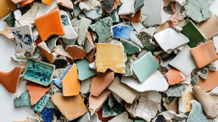 Poster - Colorful Fragments of Ceramic and Porcelain Pieces Scattered on a Surface Showcasing a Diverse Array of Textures, Patterns, and Tones for Artistic Projects