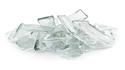 Poster - A Pile of Broken Glass Shards on White Background, Clear and Shiny Pieces with Various Shapes and Sizes, Perfect for Crafting or Artistic Projects