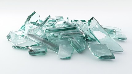 Poster - Shattered Glass Fragments Piled Together in a Random Arrangement on a Bright White Surface, Capturing Light and Reflection for an Artistic Effect