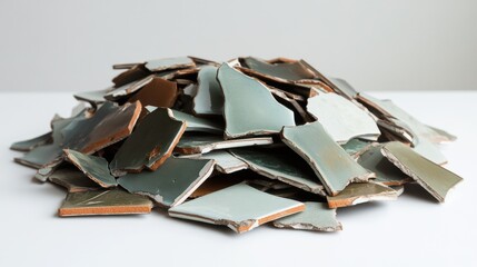 Poster - Pile of Broken Ceramic Tiles in Various Colors and Textures, Creating an Interesting Visual Display of Shattered Porcelain, Perfect for Artistic and Design Projects.