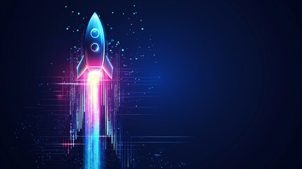 Poster - Colorful Neon Rocket with Rising Data Arrows, Representing Futuristic Technology, Innovation, and Startup Success, Generative AI