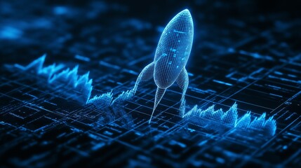Poster - Rocket Launch Against a Digital Blue Background, Representing Innovation, Business Growth, and Startup Success, Generative AI