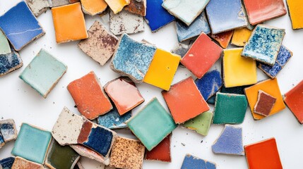 Poster - Colorful Broken Ceramic Tiles Arrangement on a White Surface Capturing Texture and Depth in Bright Hues Ideal for Home Decor and Artistic Projects Photography